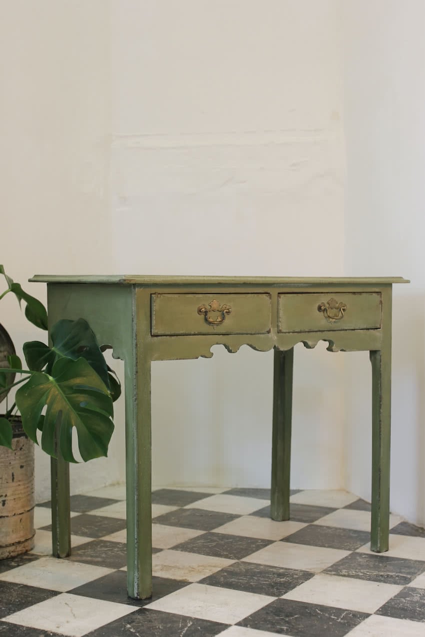georgian two drawer painted green side table.