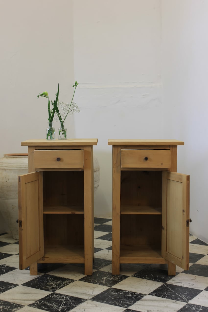 pretty restored bedside cupboards with drawer and small shelf inside, original little knobs & left with a dry finish.