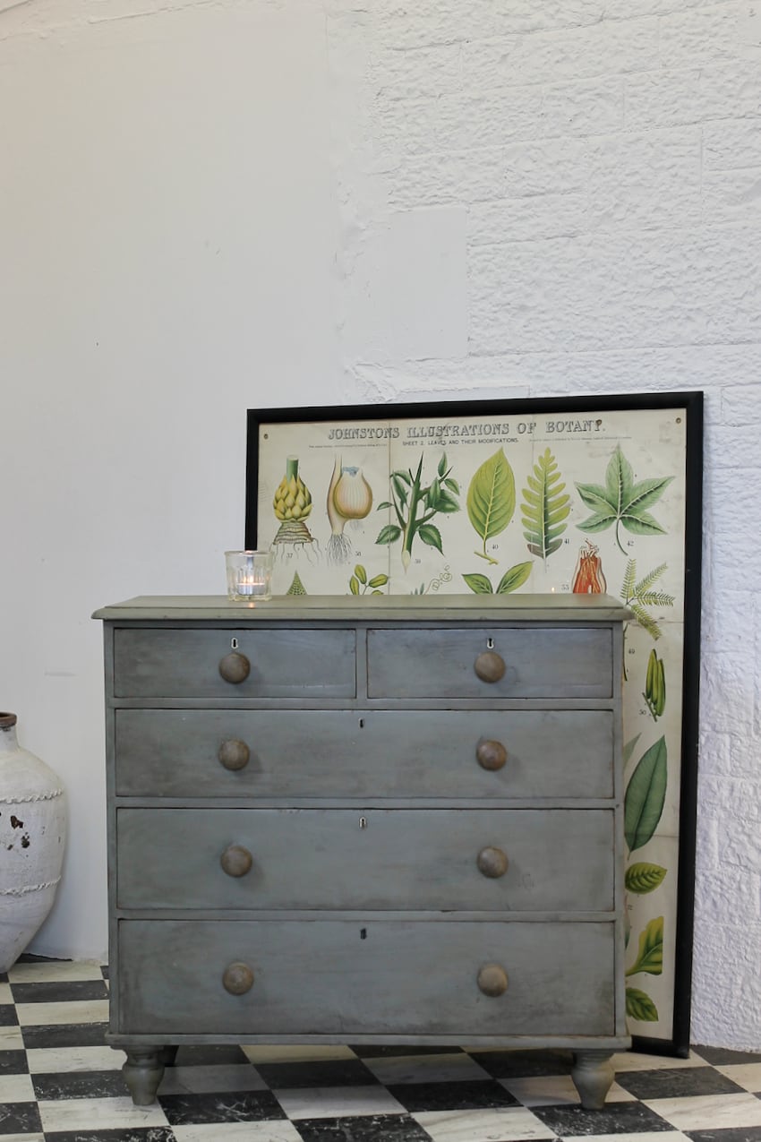 lovely sage green victorian stripped restored & re-finished pine chest with contrasting wooden knobs and new tulip shaped feet.