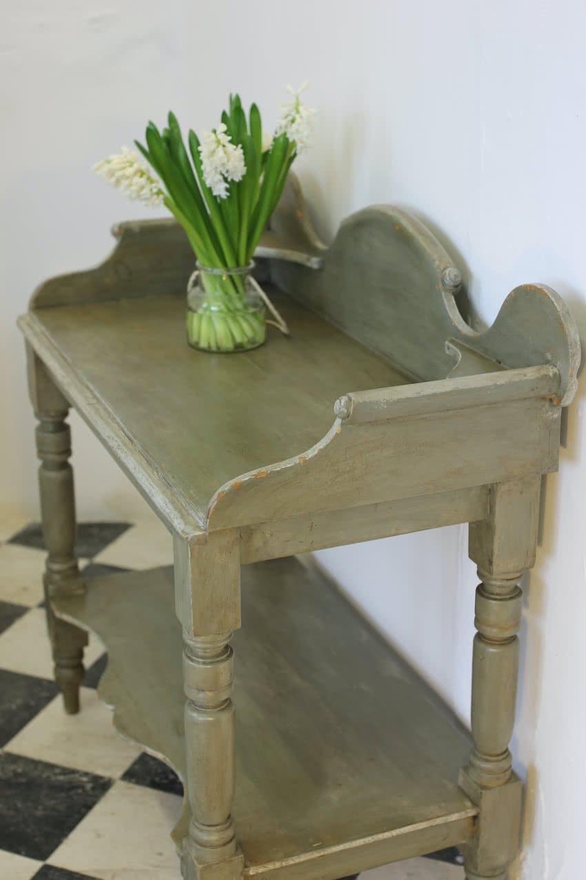 victorian pretty shaped painted pine table in a shade of green grey, pot board underneath & lovely shaped detailing.