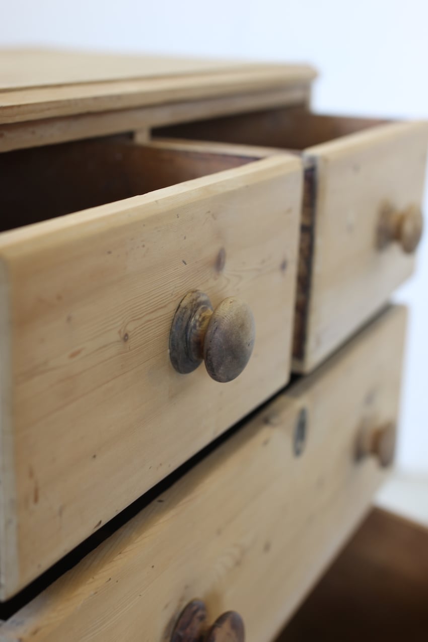 antique pine chest restored with original knobs and feet, brass keyplates added later.