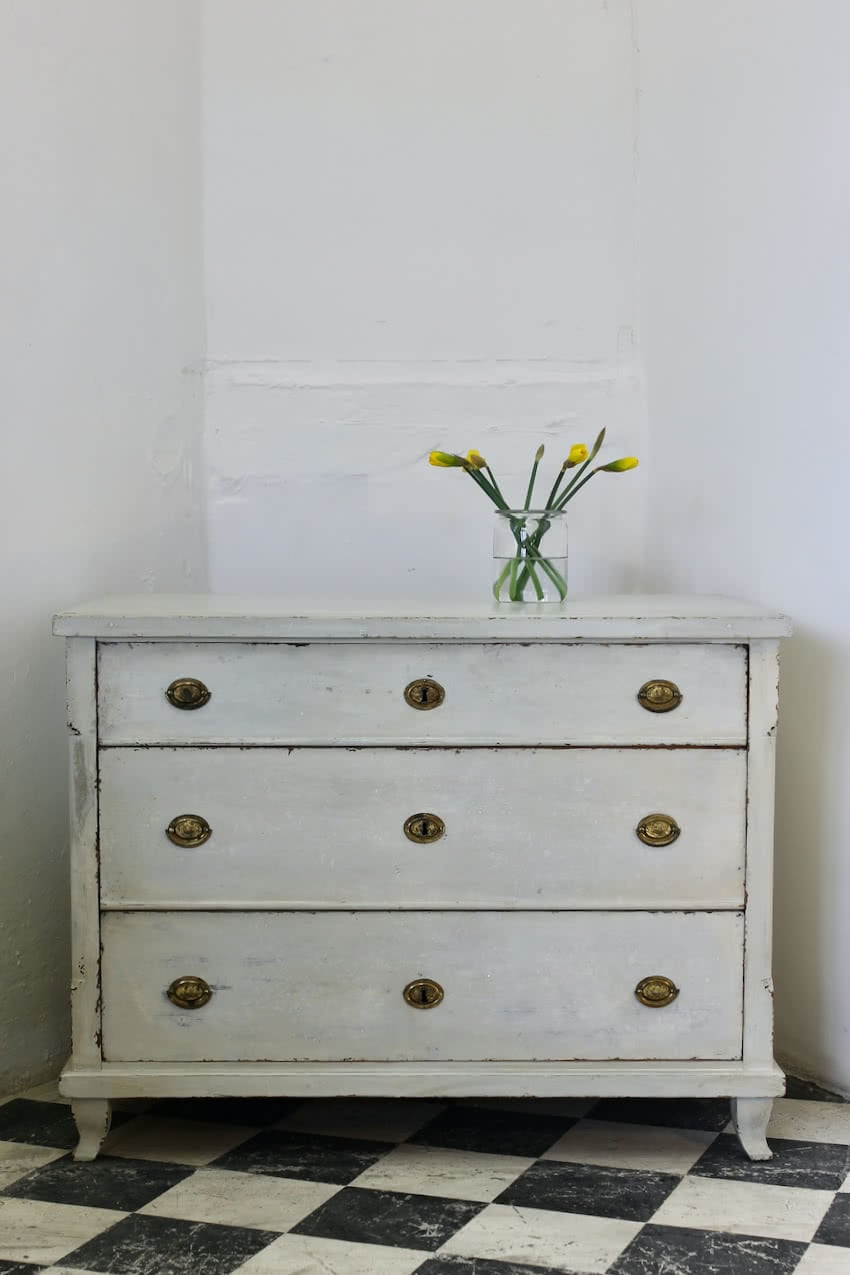 white and grey green geometric painted antique pine chest of drawers