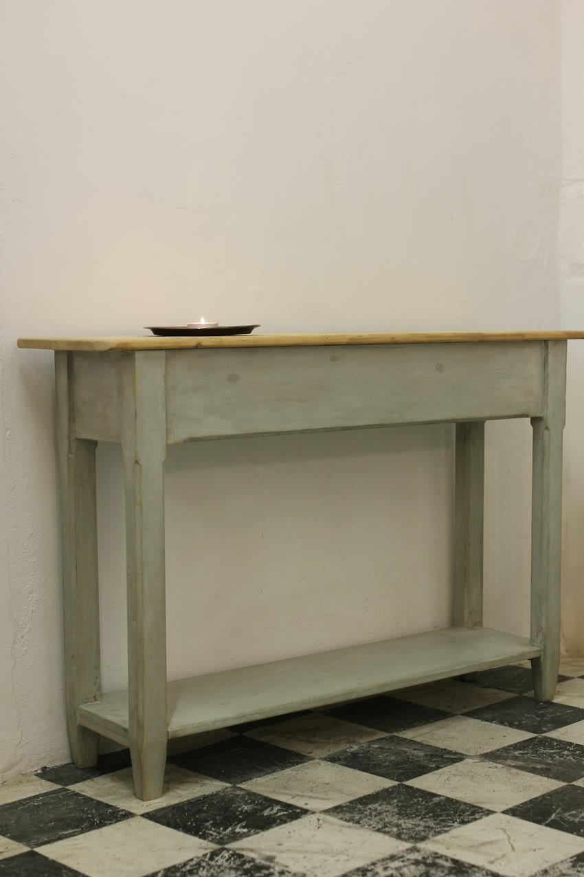 gorgeous swedish blue grey pine console table with cheese board top and pot board below & can be made to any size