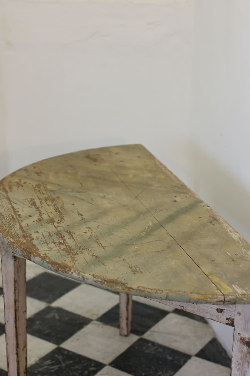 beautiful swedish pair of demi lune tables in original paint in the original condition with painted marbling effect on the top, and a repair done to a leg.
