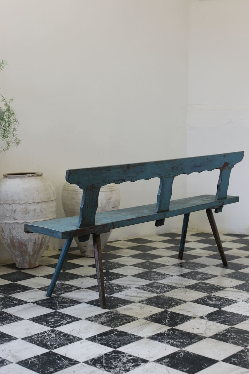 very pretty original painted turquoise bench with layers of old paint, pretty shaped back & naive carved legs.