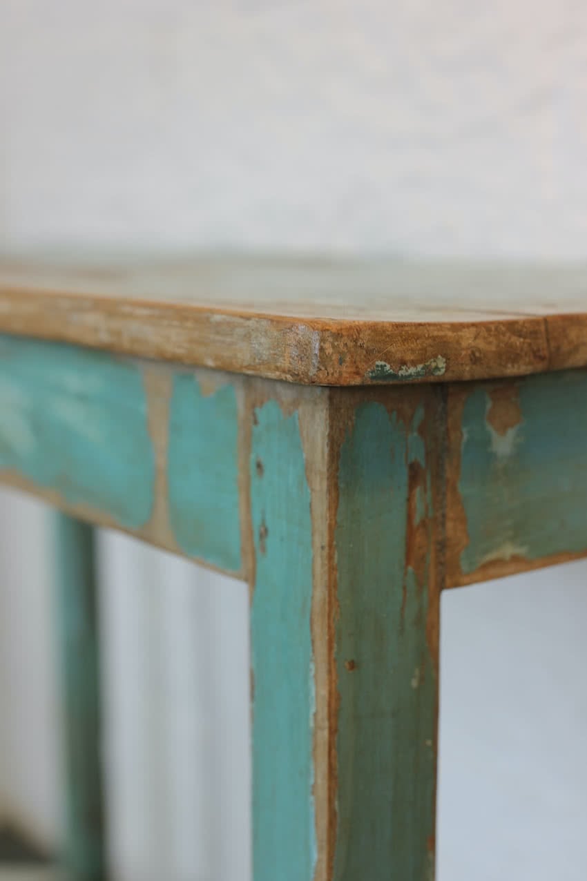 pretty vintage indian teak console table with original very distressed paint & mainly blue-green, ideal for hallway but would suit anywhere in the home. 
