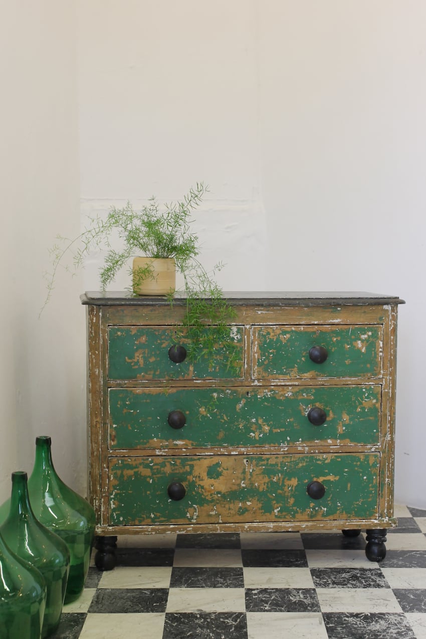 pretty & classically shaped victorian pine chest with original green and some white paint, black wooden contrasting knobs & waxed finish.