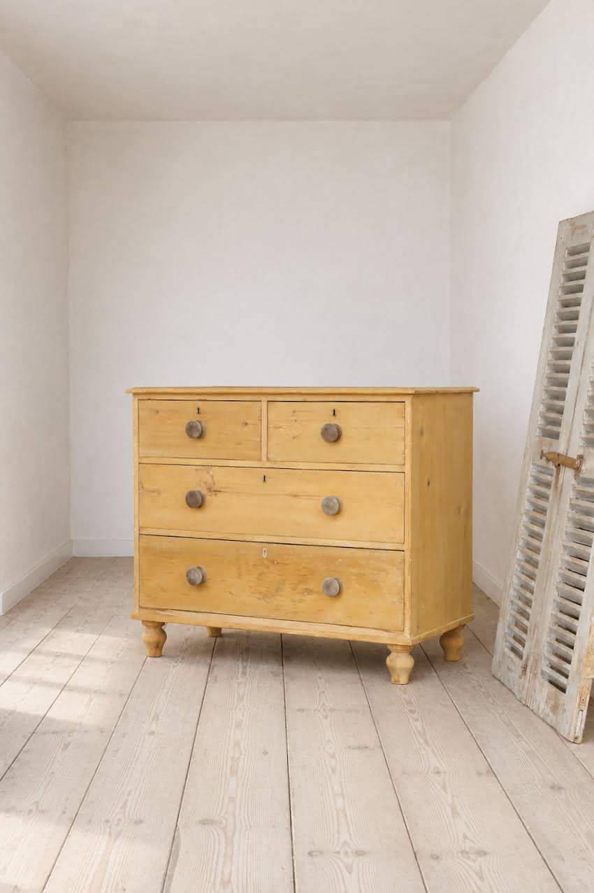 classically shaped solid pine victorian large chest with deep drawers, wooden turned knobs & new feet added..