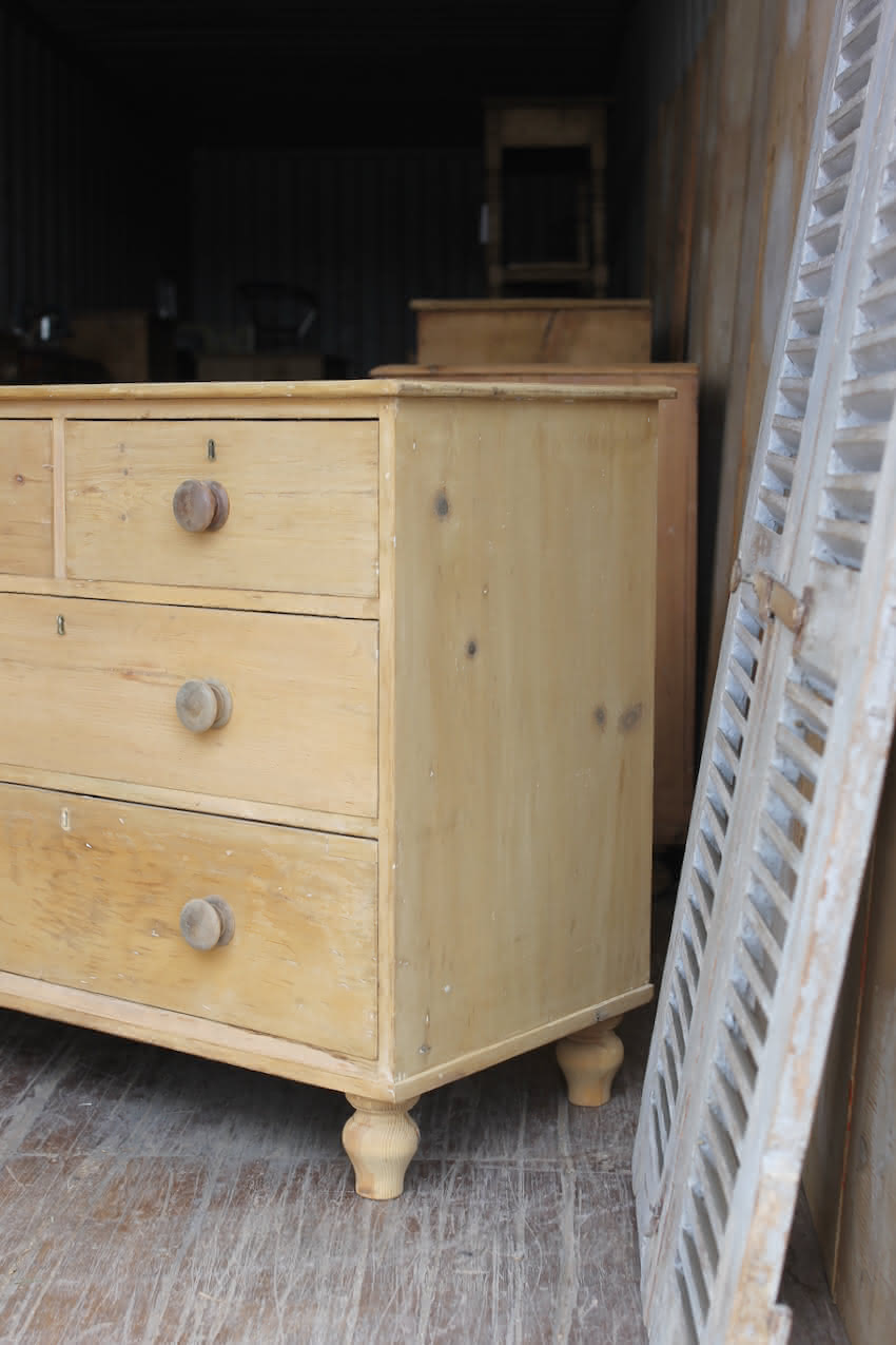 classically shaped solid pine victorian large chest with deep drawers, wooden turned knobs & new feet added..