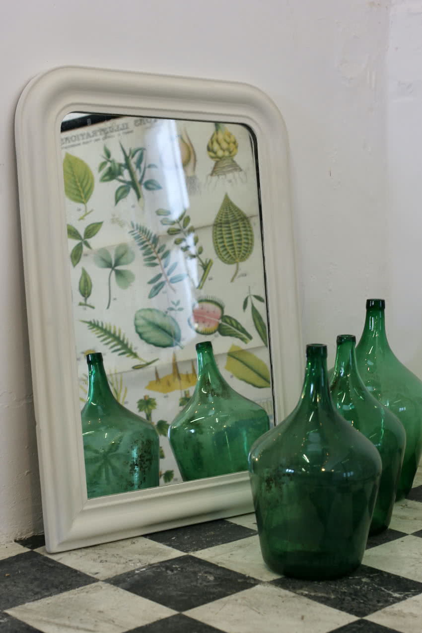 beautiful painted white large & very old louis philippe mirror with original heavy foxed plate glass & pine back boards.