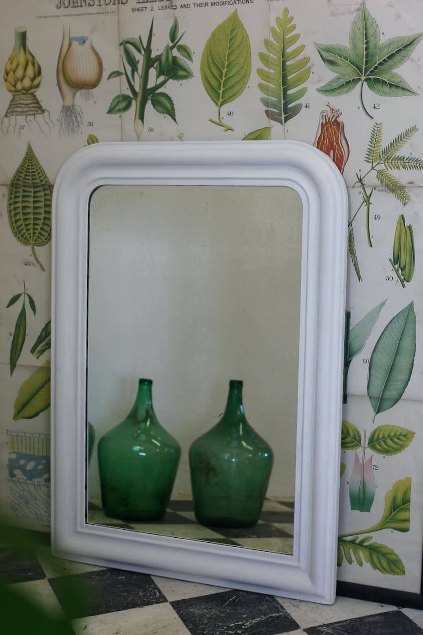 beautiful painted white large & very old louis philippe mirror with original heavy foxed plate glass & pine back boards.