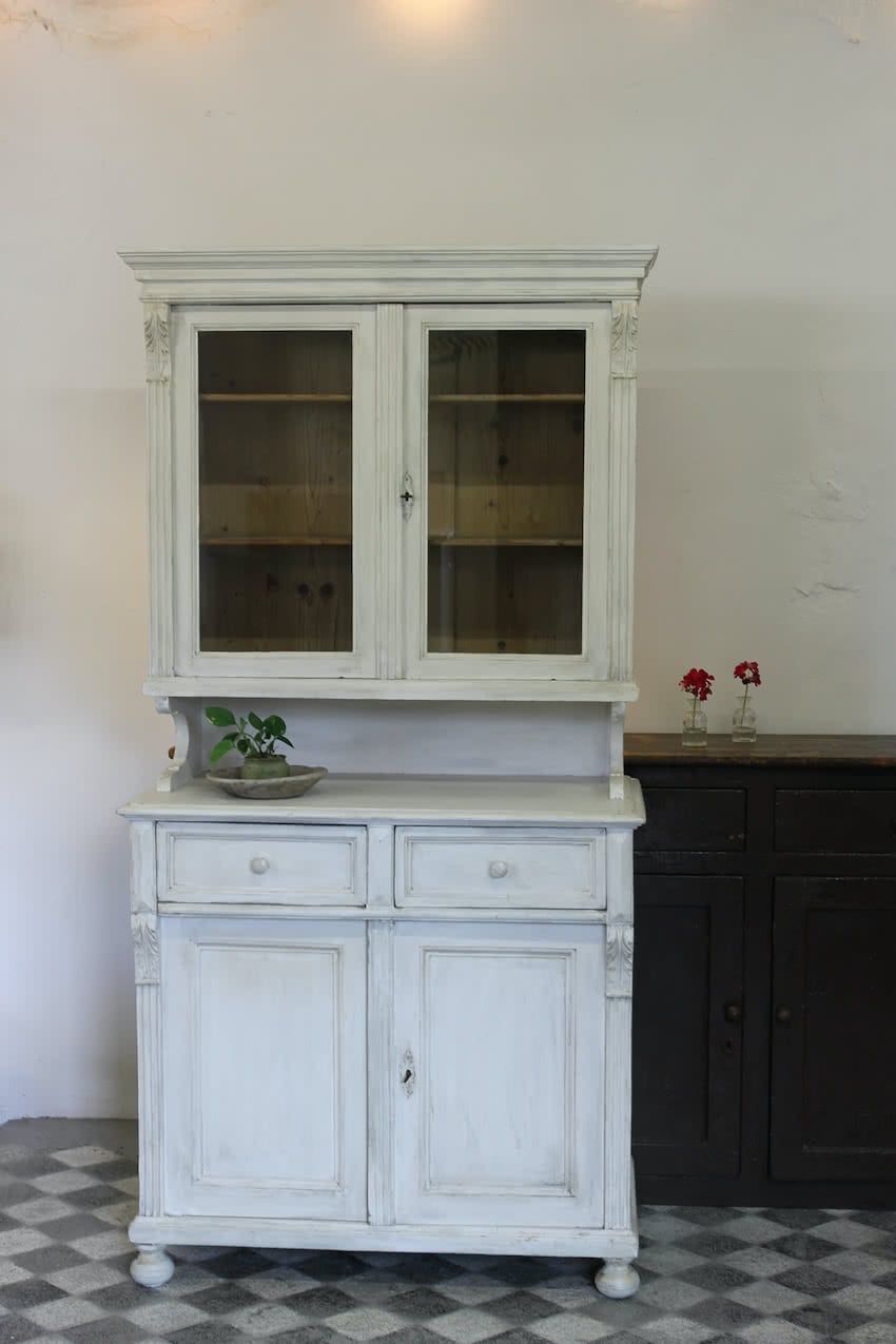 beautiful restored antique european painted pine dresser with glazed top, two drawers and storage space below
