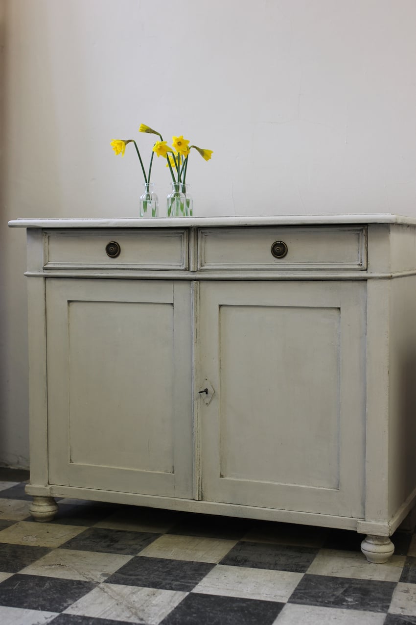 european old painted pine white cupboard two drawer cupboard with painted blue interior, long pine shelf, brass round handles, old key & turned feet.